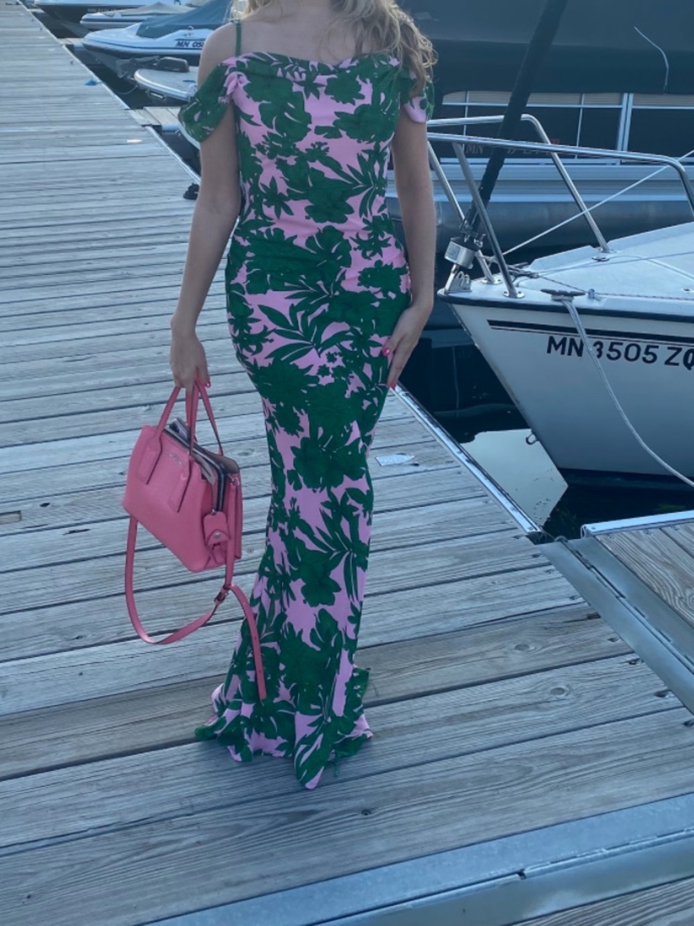 Club L London Pink Maxi Dress with Green Tropical Print